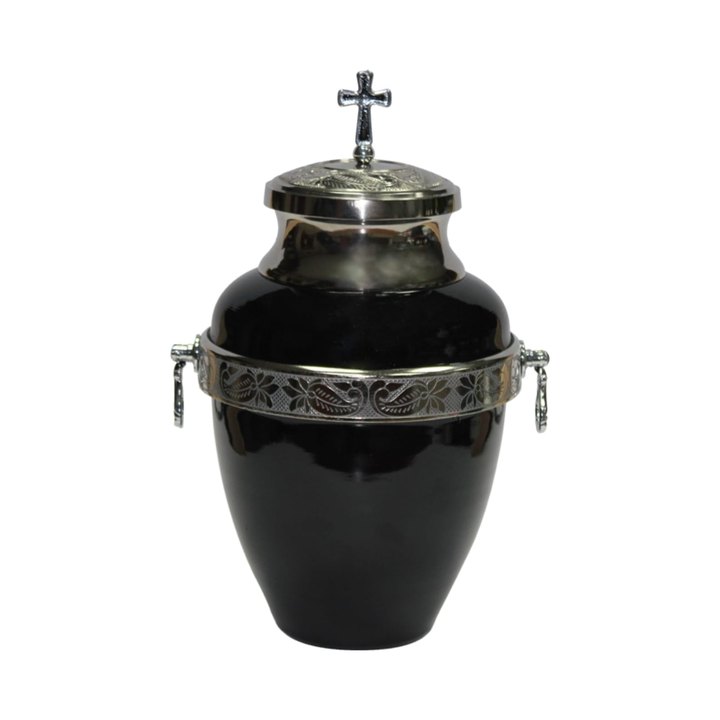 Urnă funerară — neagră cu bandă argintie